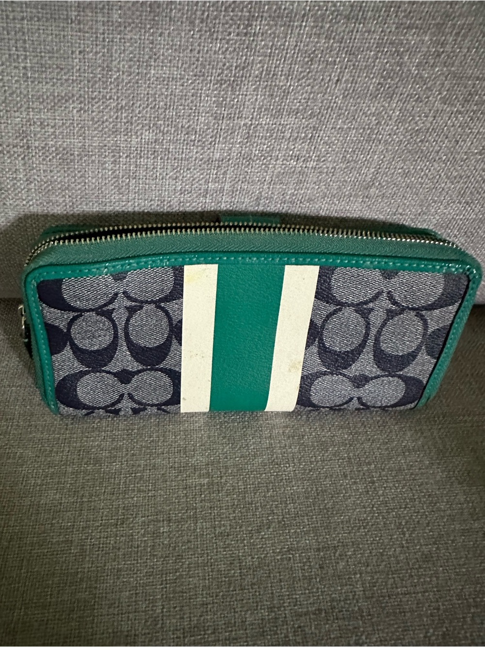Coach Green and Ivory Signature Stripe Zip Wallet - Picture 2 of 4